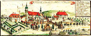 Hoh Kirch mit den Capellen, Statuen und Revier - Kościół i probostwo z otoczeniem, widok z lotu ptaka